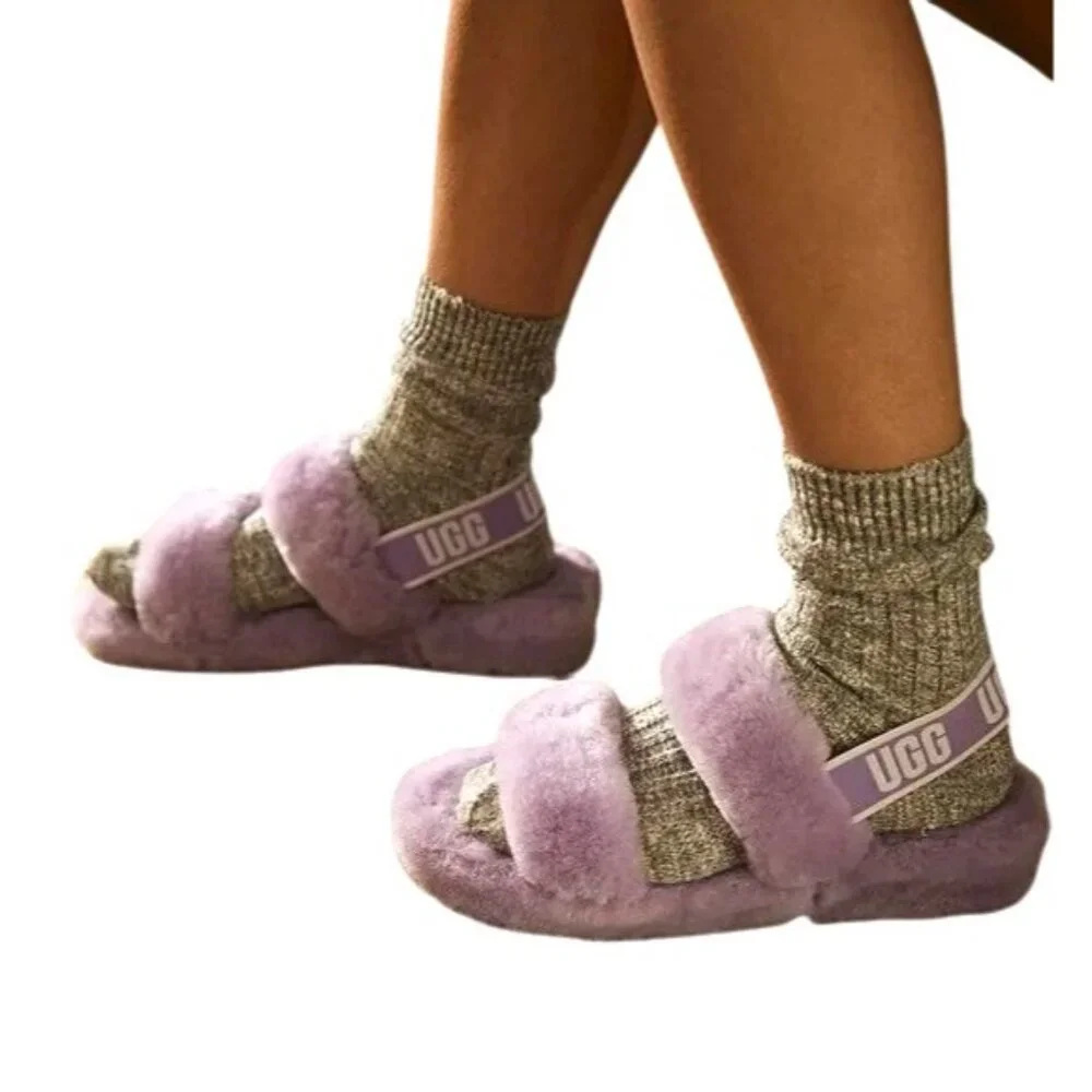 New UGG 6 Slippers Oh Yeah Womans Double Strap Sheep Fur Sandal Open Toe Shoes
